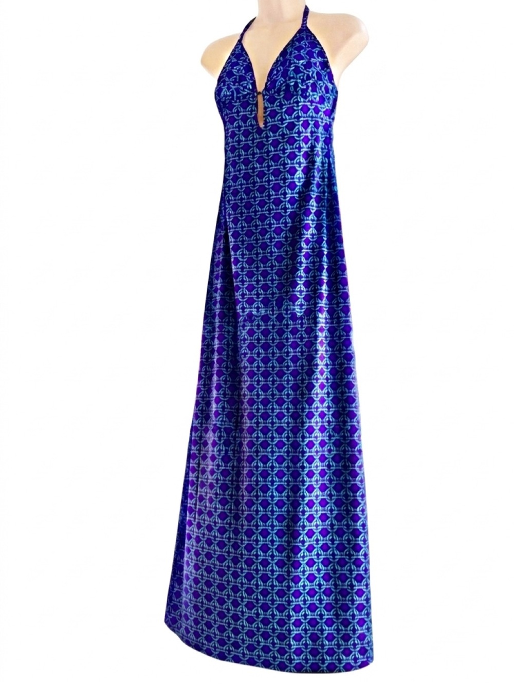 Vtg 70s Elisabeth Stewart Geometric Halter Maxi Dress Purple Blue 12 XS/S